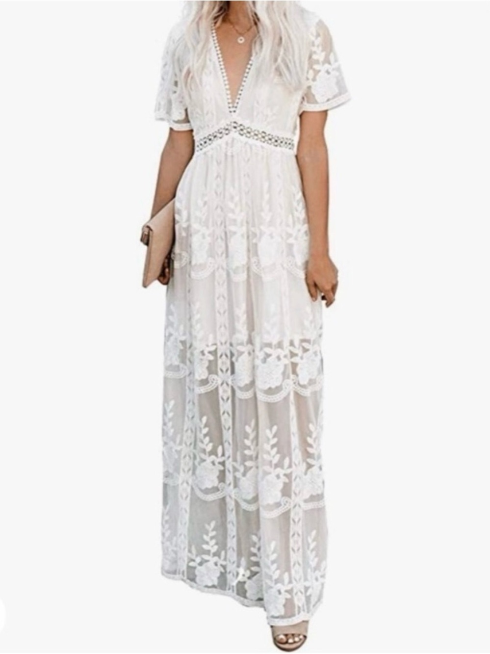 Aakaa White Floral Lace V-Neck Maxi Dress